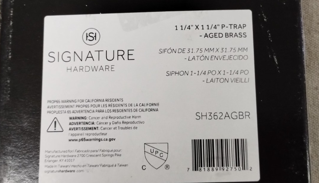 Signature Hardware 1-1/4 in. Brass P-Trap with High Box Flange Aged Brass