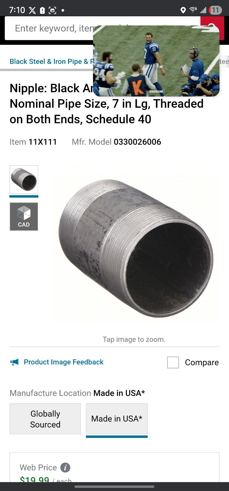 Black Anodized Steel, 1 in Nominal Pipe Size, 7 in Lg, Threaded on Both Ends,