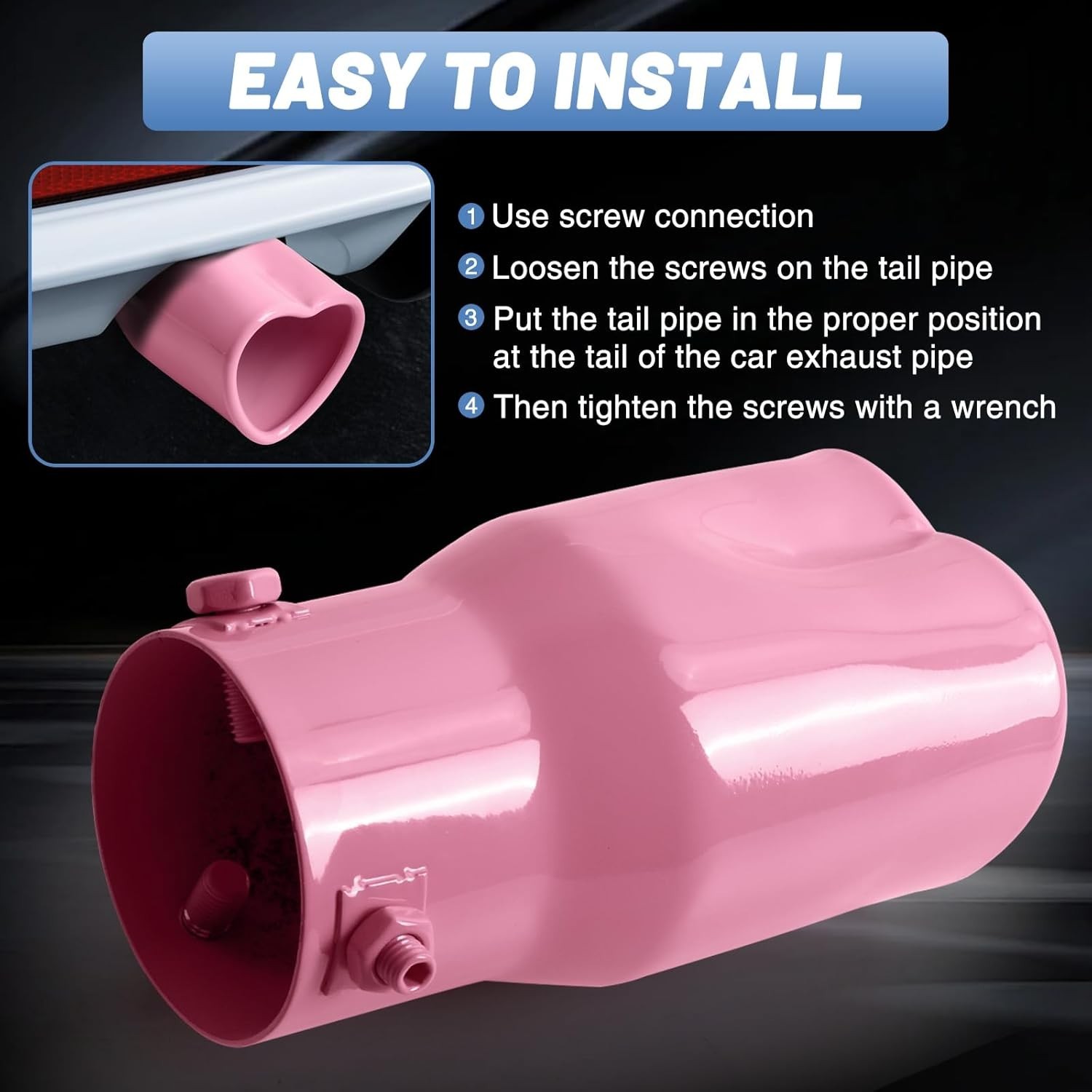Heart Exhaust Tip 2.4″ ID/ 2.5″ OD, Adjustable Stainless Single Pipe- Pink