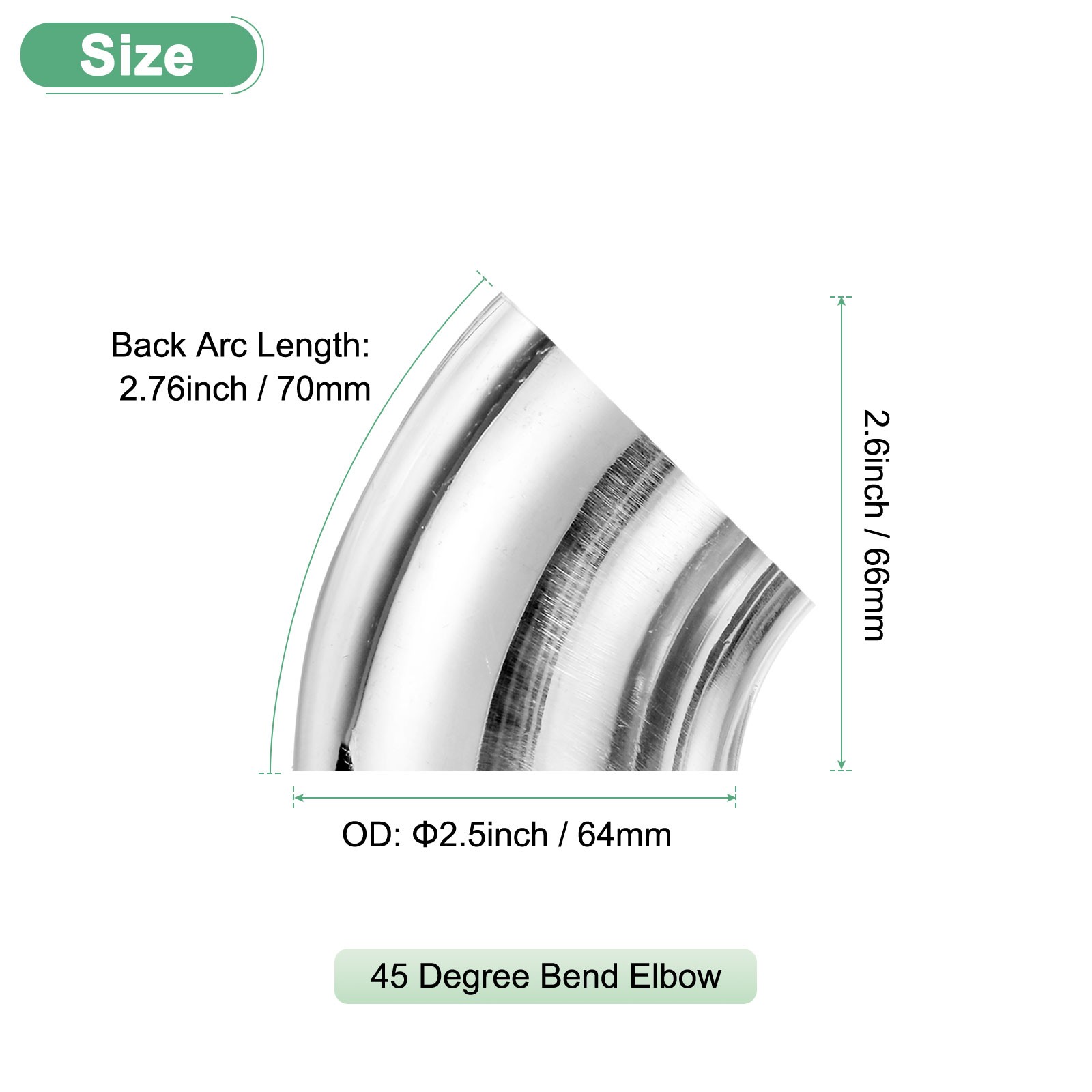OD 2.5 Inch 45 Degree Mandrel Bend Elbow, Thicken 1.5 mm Height 66 mm