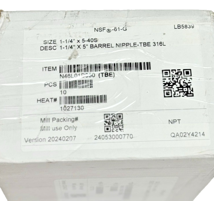 Box Of 10, N46L01B050, 1-1/4″ X 5″ TBE Stainless Steel Pipe Nipple 316L