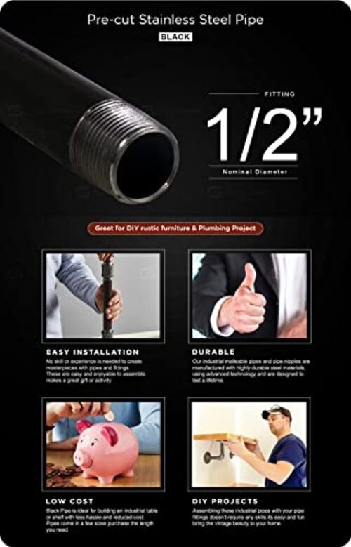 1/2 x 18 Inch Black Steel Pipe (5-Pack), Heavy Duty Industrial Malleable Iron