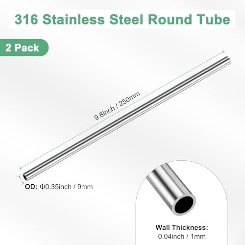 -Pack50mm 316 Stainless Steel Tube, 9mm OD 1mm Wall 9mm x 1mm x 250mm 2
