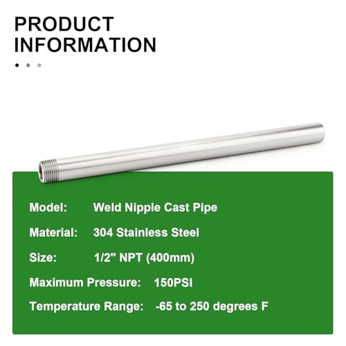 1PCS 304 Stainless Steel Pipe Fittings, 1/2″ NPT*Weld(1pcs) 16″(400mm)Length