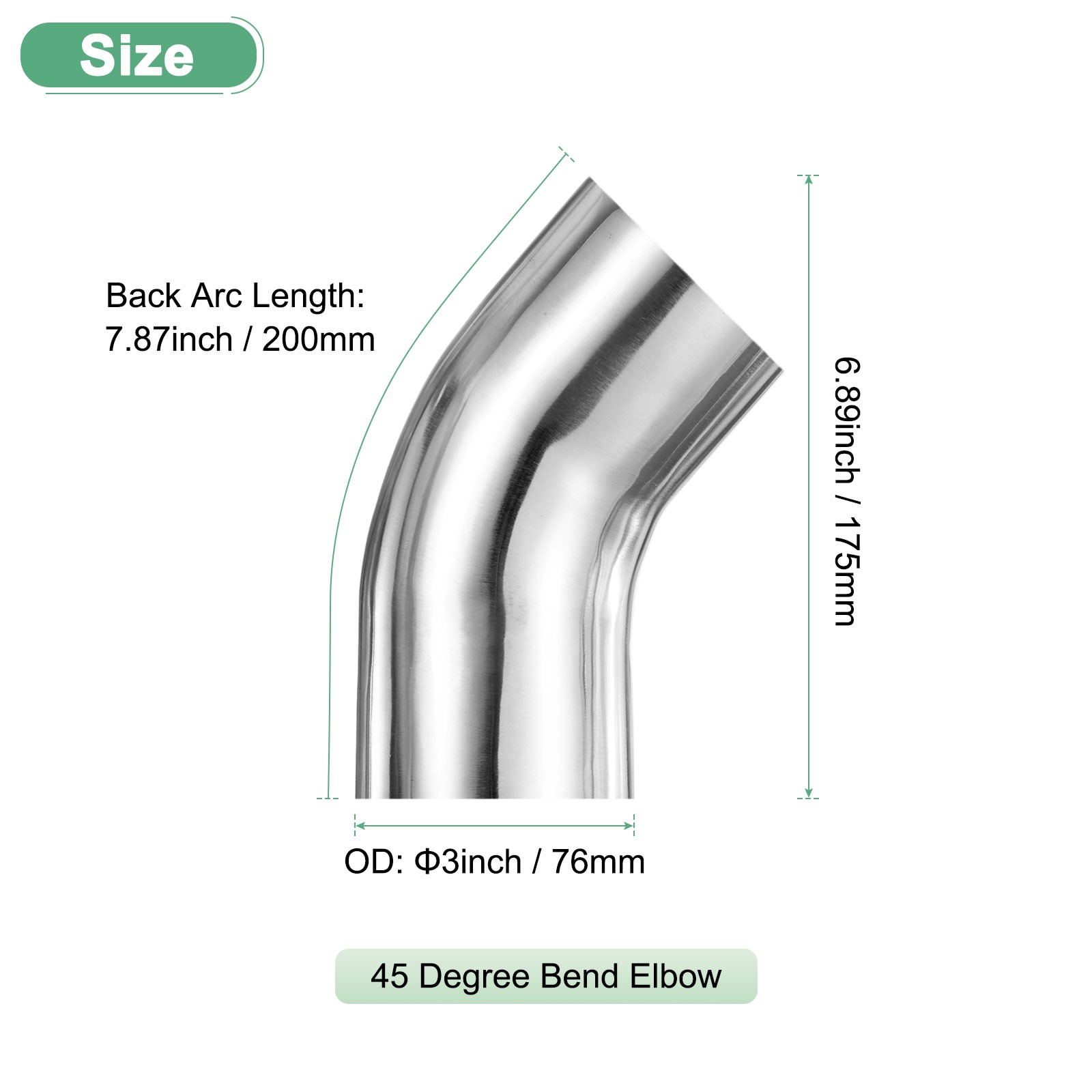 OD 3 Inch 45 Degree Mandrel Bend Elbow, Thicken 2 mm Height 175 mm