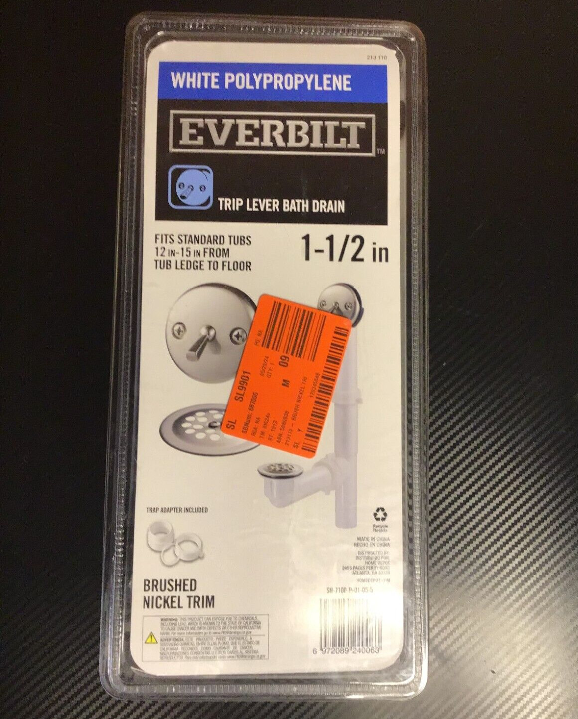 Everbilt Trip Lever 1-1/2″ Poly Pipe Bath Waste & Overflow Drain, Brushed Nickel