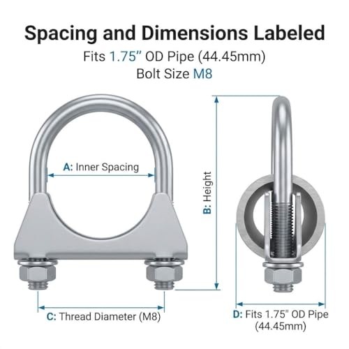 U-Bolt Exhaust Clamp 1.75″ OD Carbon Steel Pipe Connector for 1-3/4″ 2 Pack