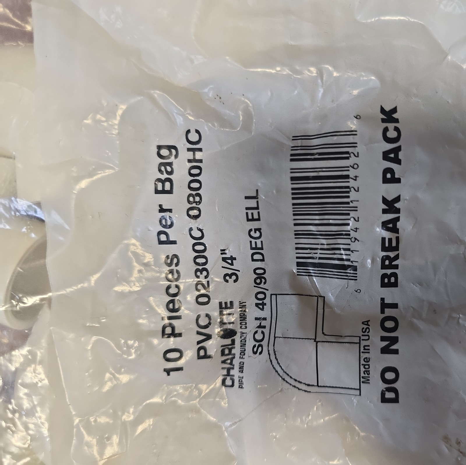 Lot of 2 Packages Charlotte PVC Pipe 10 PC 3/4″ USA Made SCH 40/90 DEG ELL