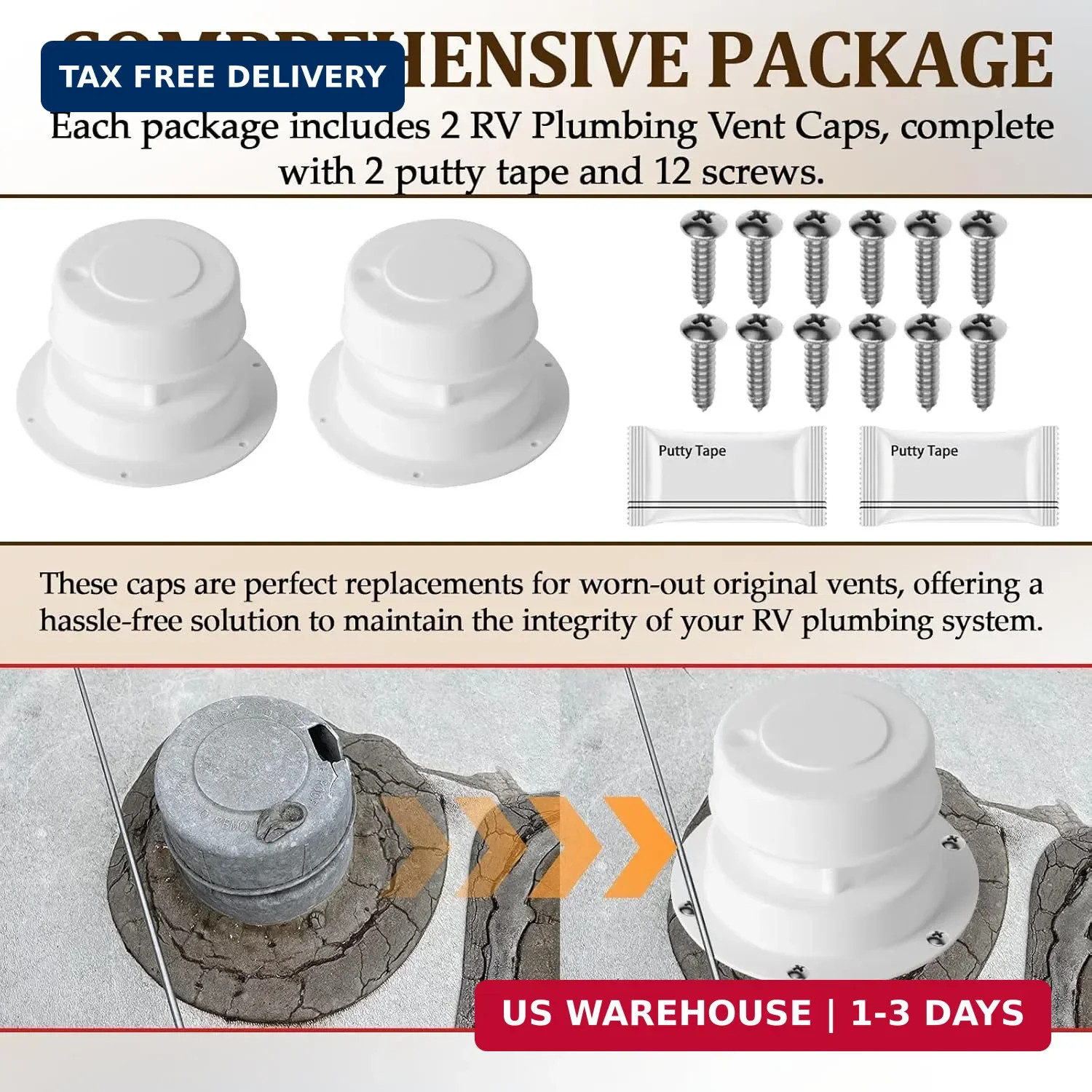 (2 Pack, White RV Roof Vent Cover Kits with Putty Tape and Screws, Camper Vents