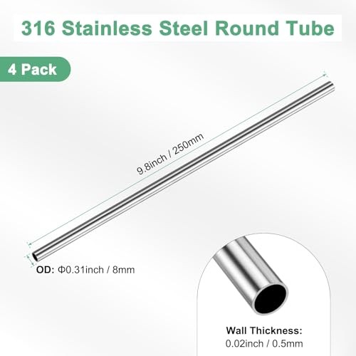 4-Pack 250mm 36 Stainless Steel Tube, 8mm OD 0.5mm Wall 8mm x 0.5mm x 250mm 1