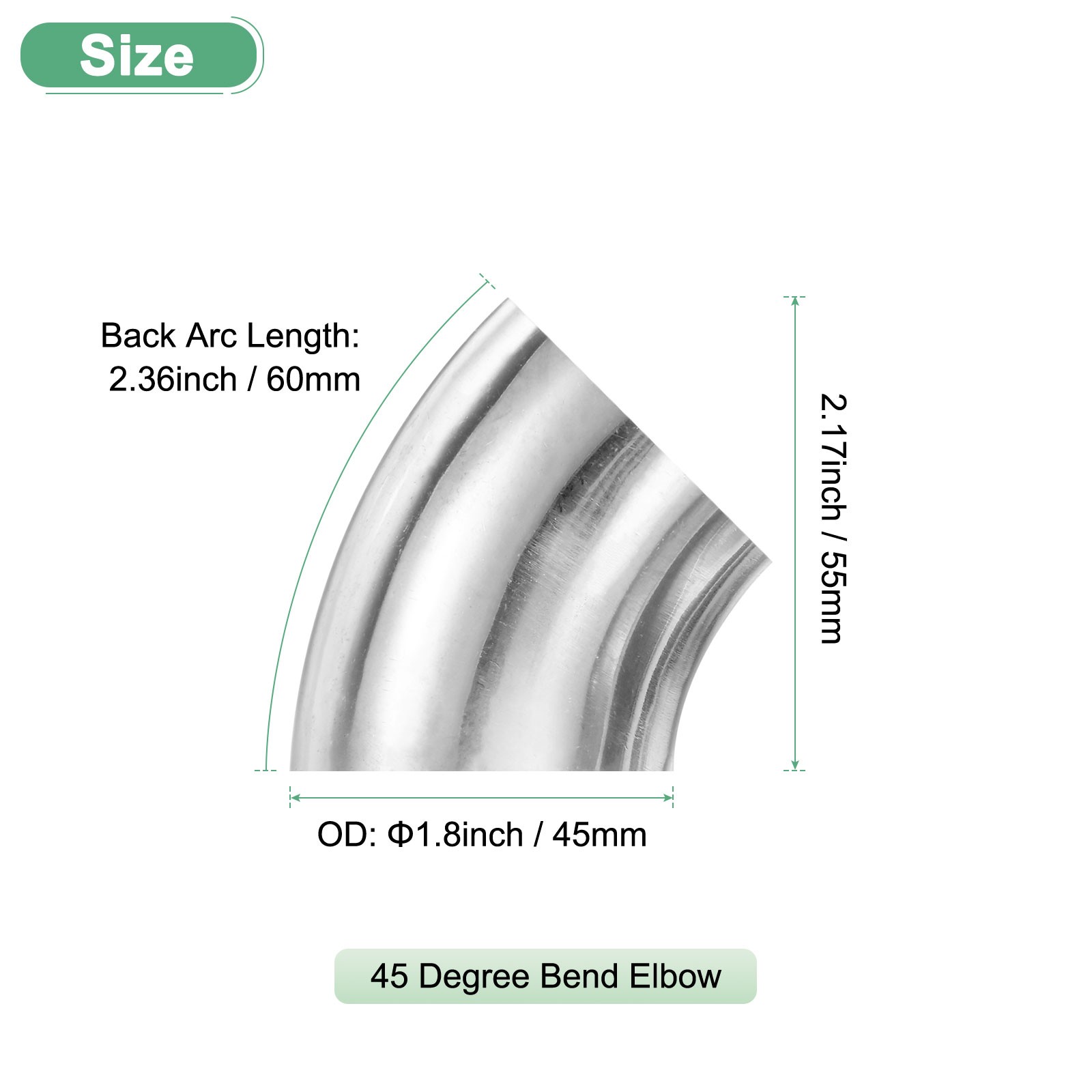 OD 1.8 Inch 45 Degree Mandrel Bend Elbow, Thicken 1.5 mm Height 55 mm