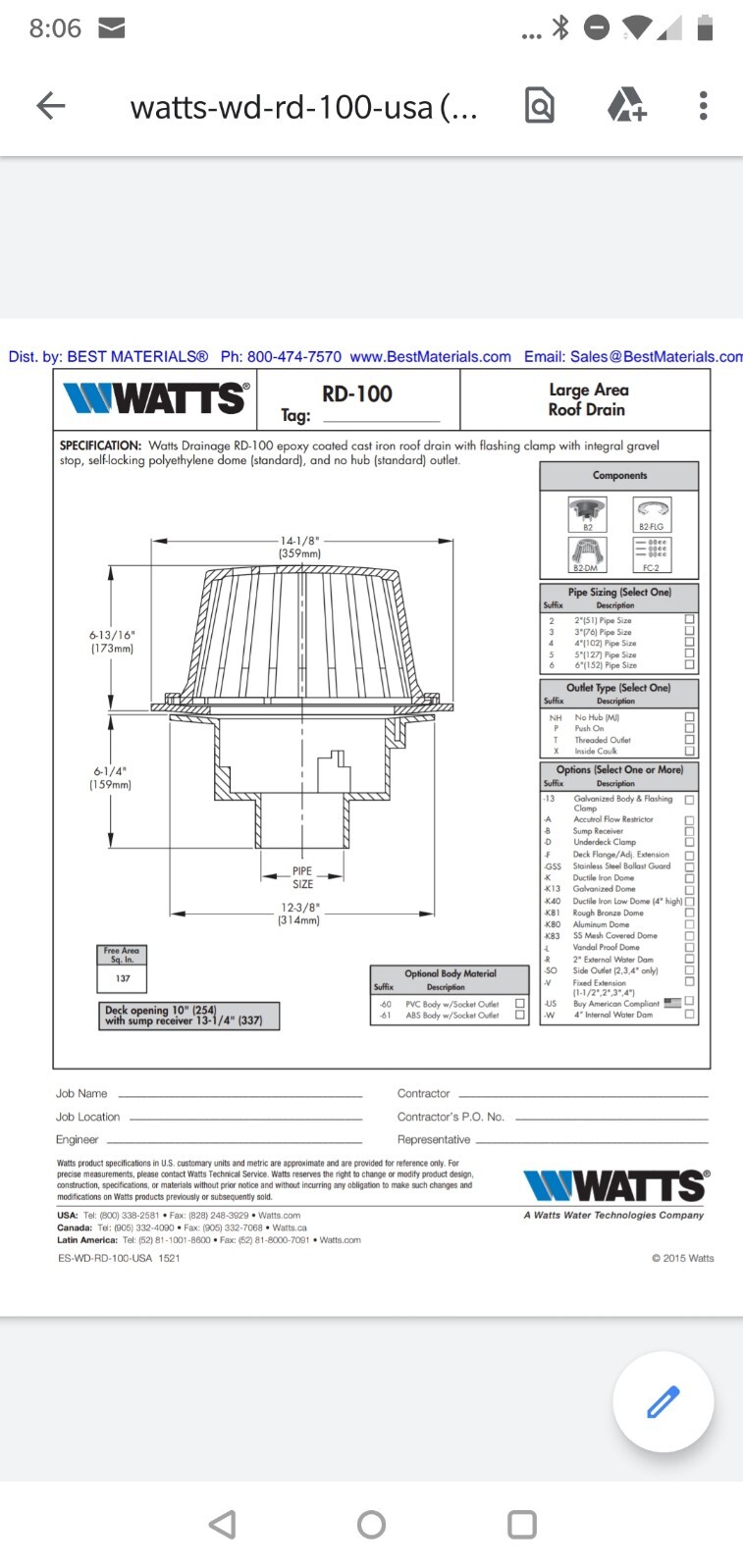 Watts Rd-104 14-1/8 ” Cast-Iron Roof Drain
