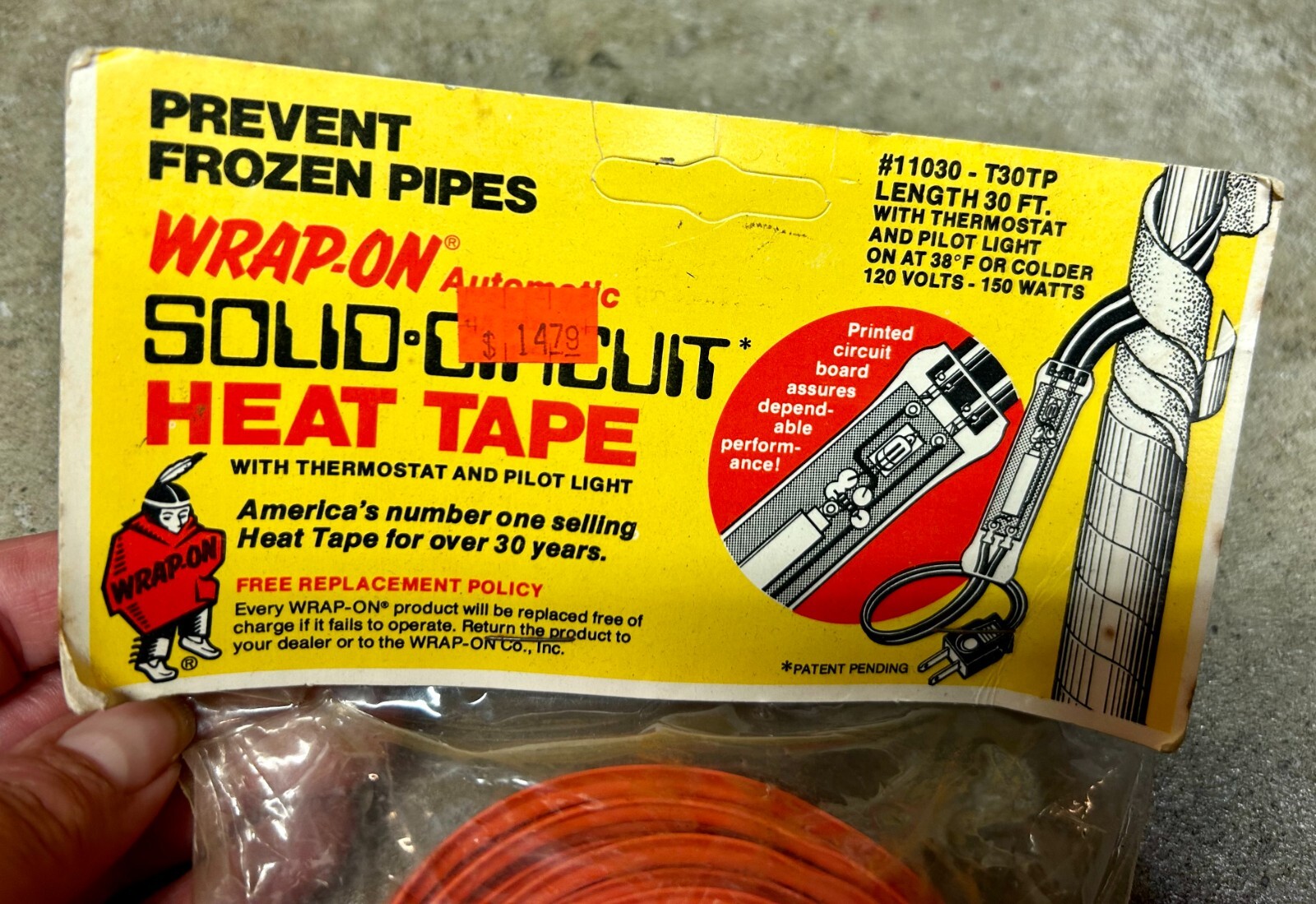 Vtg WRAP-ON #11030-T30TP Solid Circuit Heat Tape Length 30’ 120V 150W,Thermostat