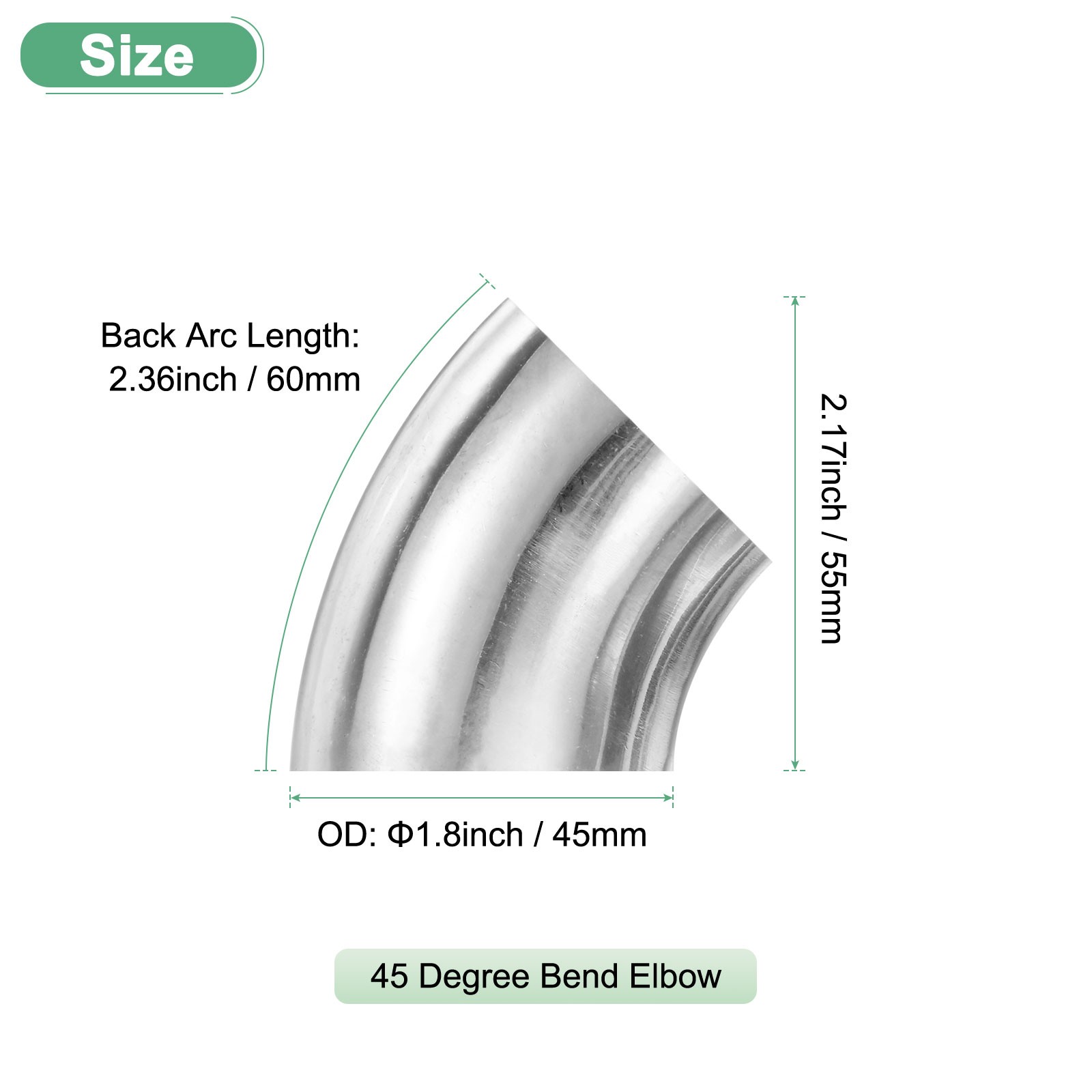 2-Pack OD 1.8 Inch 45 Degree Mandrel Bend Elbow, Thicken 1.5 mm Height 55 mm