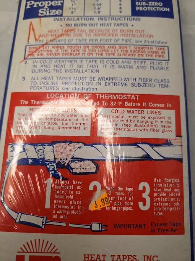 Heat Tapes Inc. Electric Heat Tape Pipe Heat Cable 9 ft pilot light thermostat