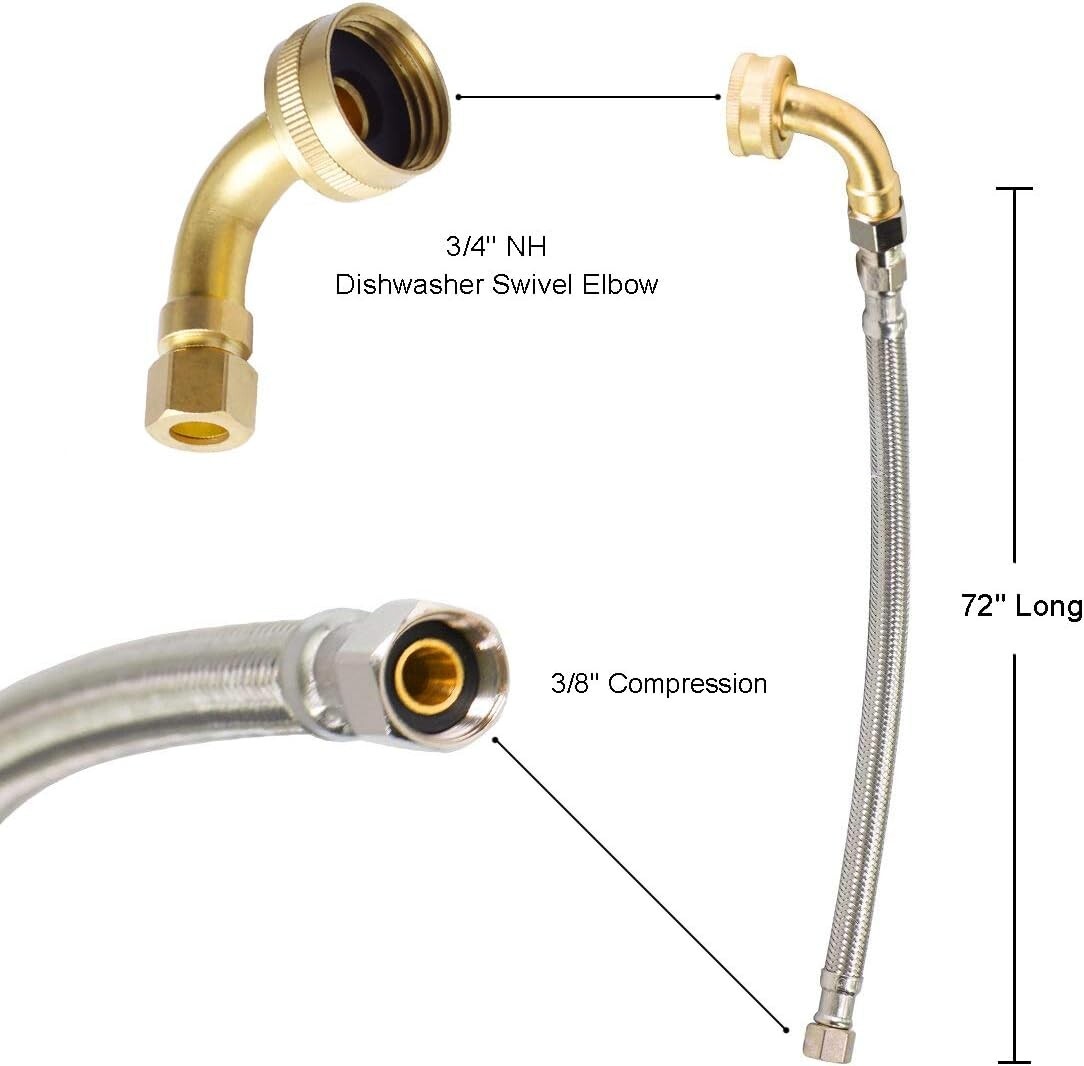 Hydro Master Braided Dishwasher Connector with Elbow 72″ x 3/8″ 0152104
