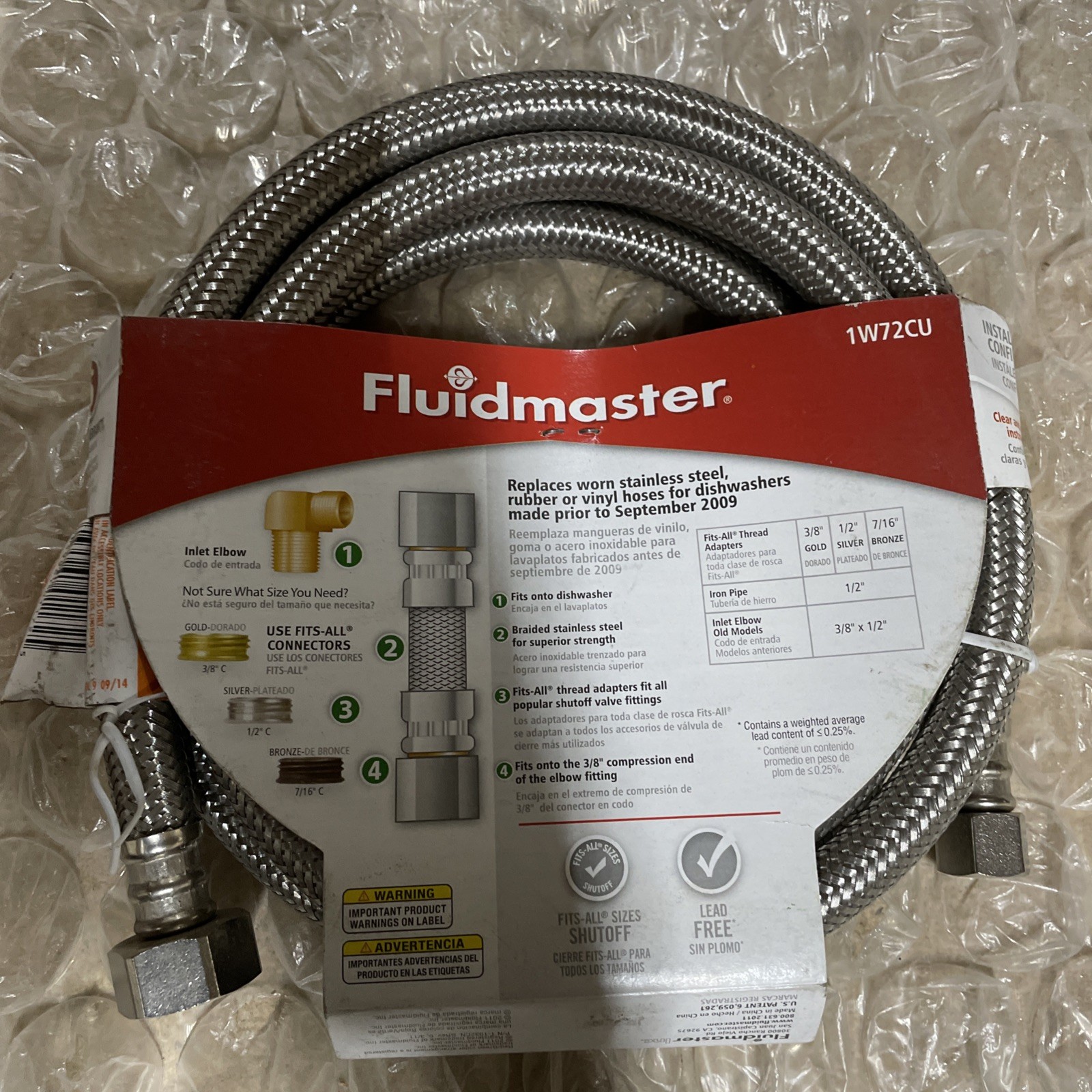 Fluidmaster 1W72CU Steel 1000 PSI 72 L in. Dishwasher Connector 3/8 in. Nominal