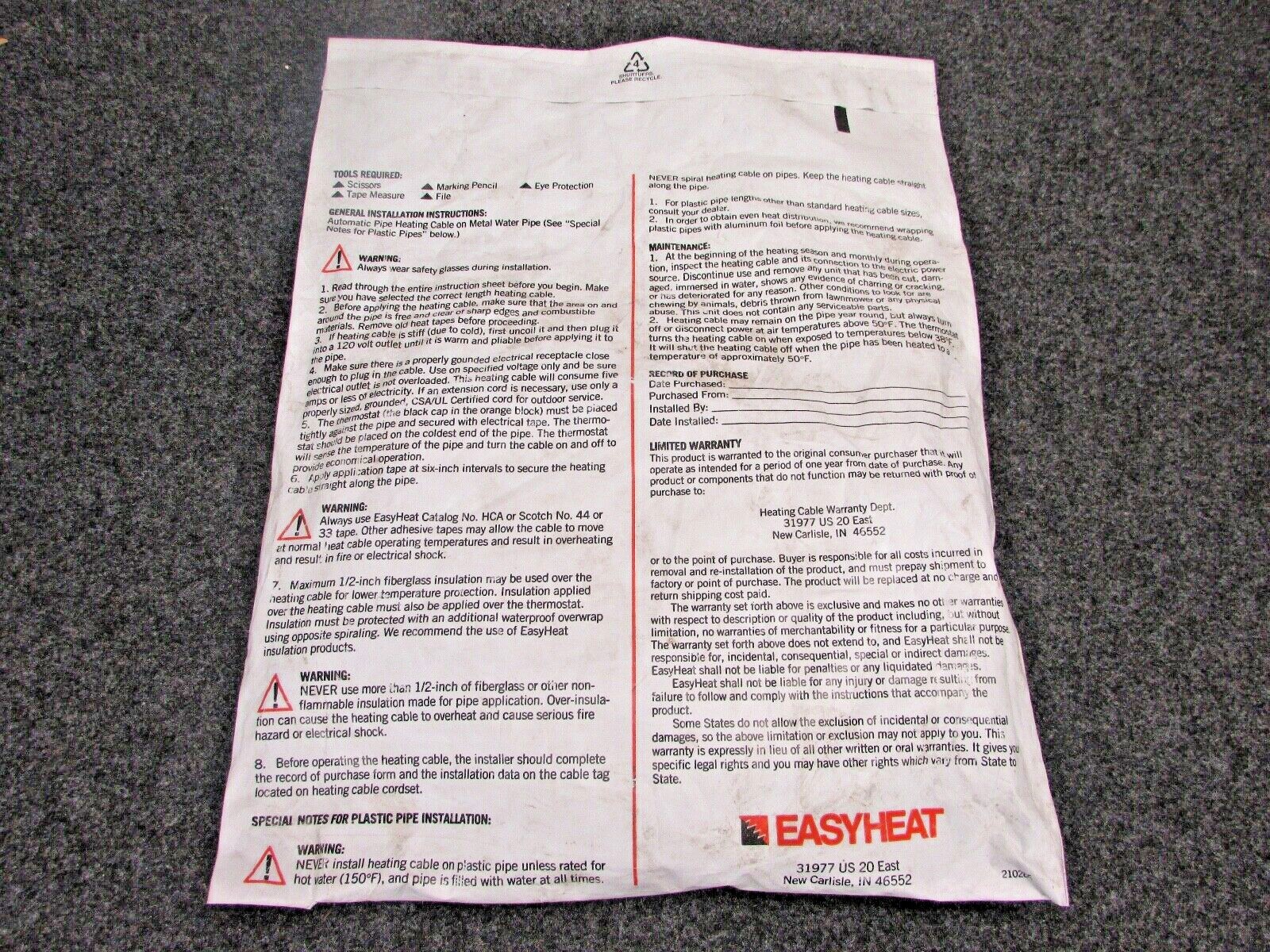 NOS! EASY HEAT PIPE HEATING SYSTEM CAHB-30, 30 ft. AUTOMATIC HEATING SYSTEM