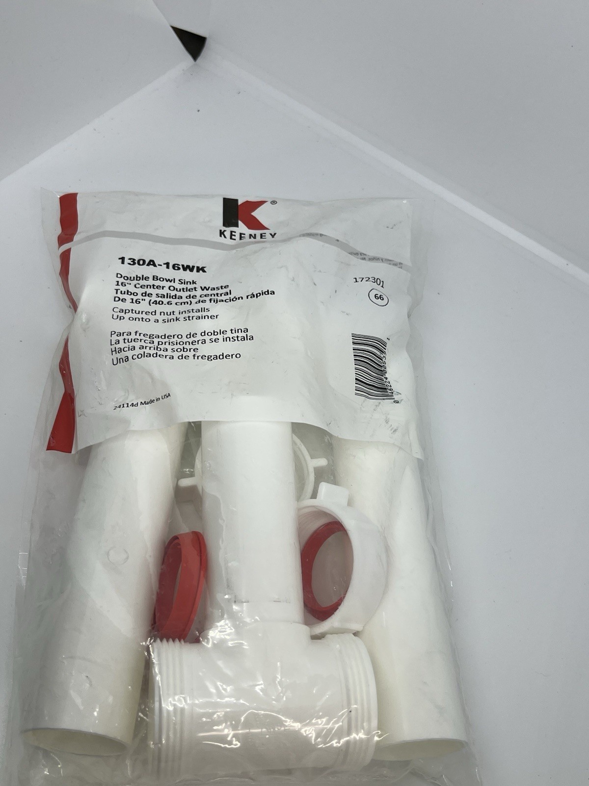 Keeney 1-1/2″ x 16″ Center Outlet Waste Kit Double Bowl Sink White 130A-16WK