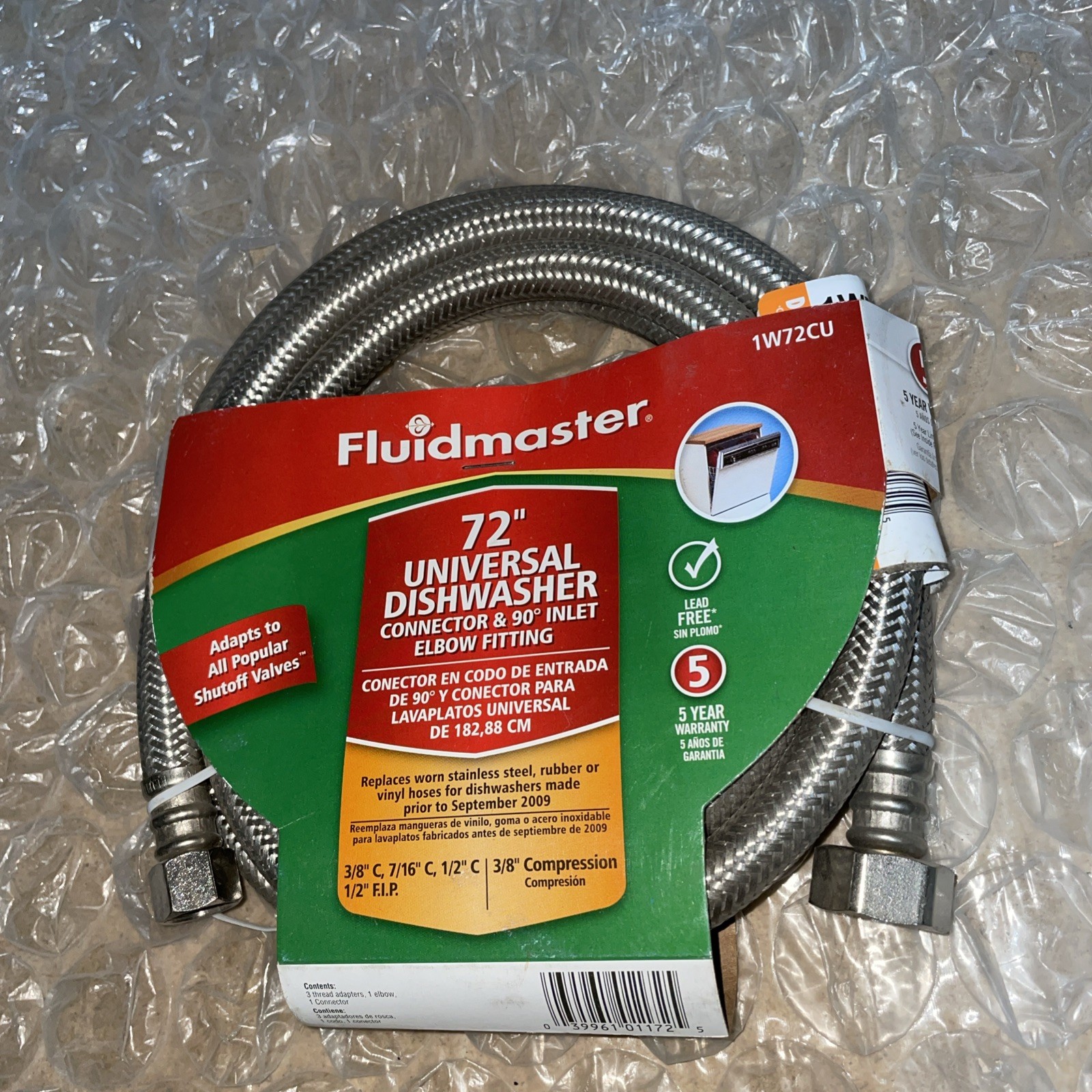Fluidmaster 1W72CU Steel 1000 PSI 72 L in. Dishwasher Connector 3/8 in. Nominal